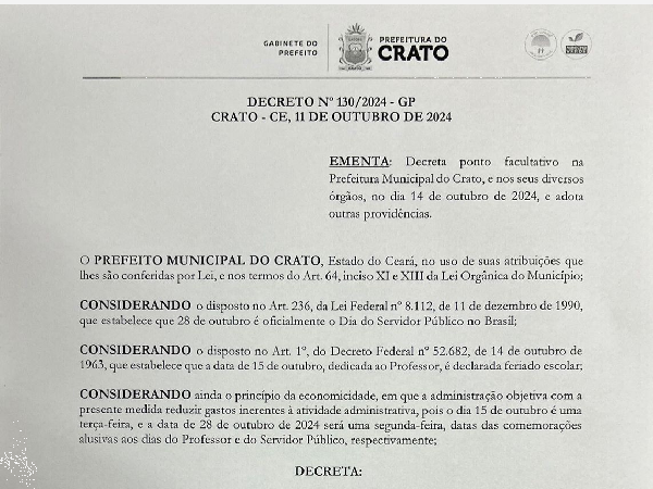 Prefeitura do Crato terá Ponto Facultativo do Dia do Servidor antecipado para segunda-feira, 14